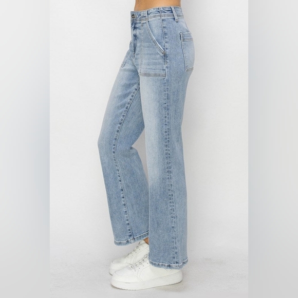 Risen Jeans High Rise Patch Pocket Ankle Flare Light Wash Women's Size 26 - Picture 2 of 15